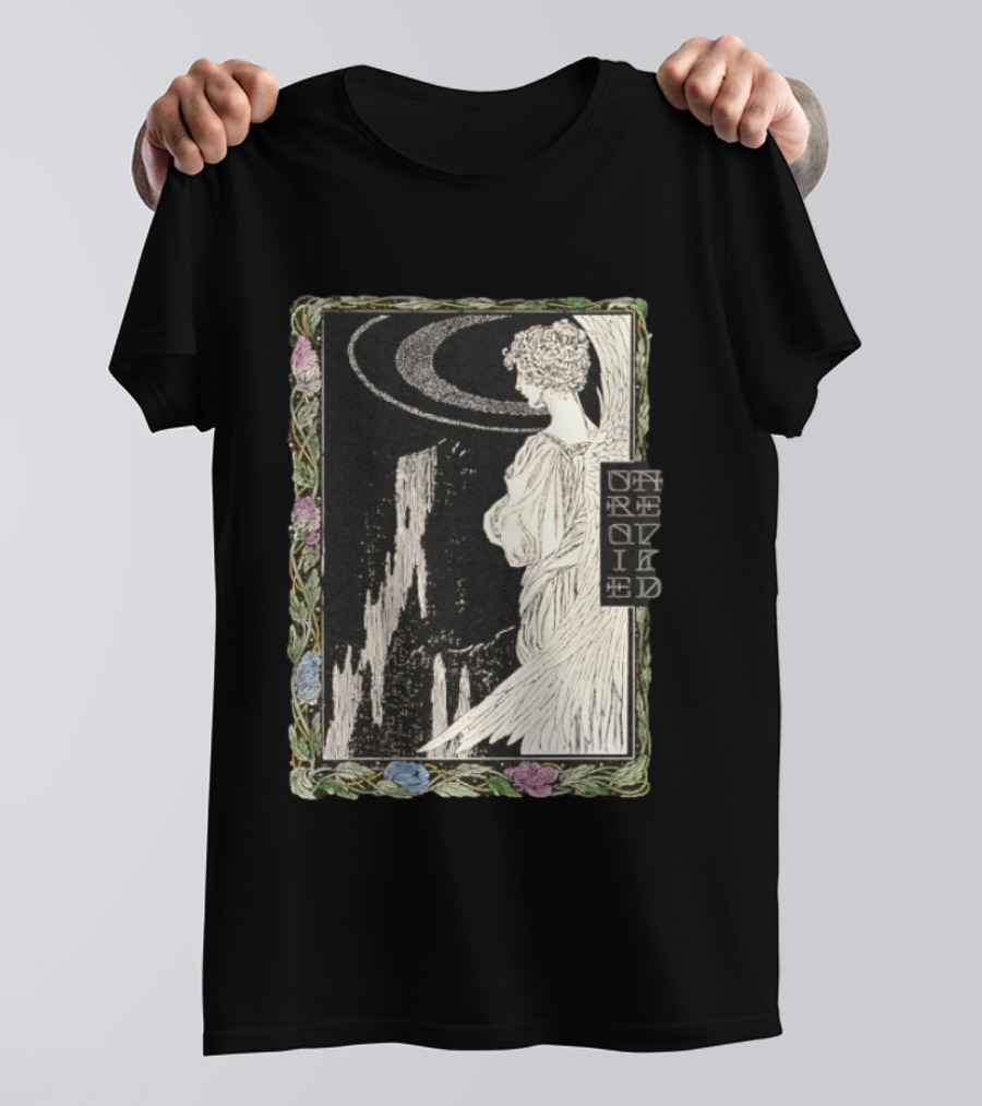 Angel Nouveau Unraveled Floral Frame Illustrative Art Winged Celestial Figure T-Shirt