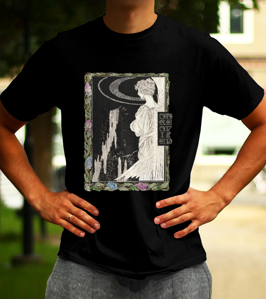 Angel Nouveau Unraveled Floral Frame Illustrative Art Winged Celestial Figure T-Shirt