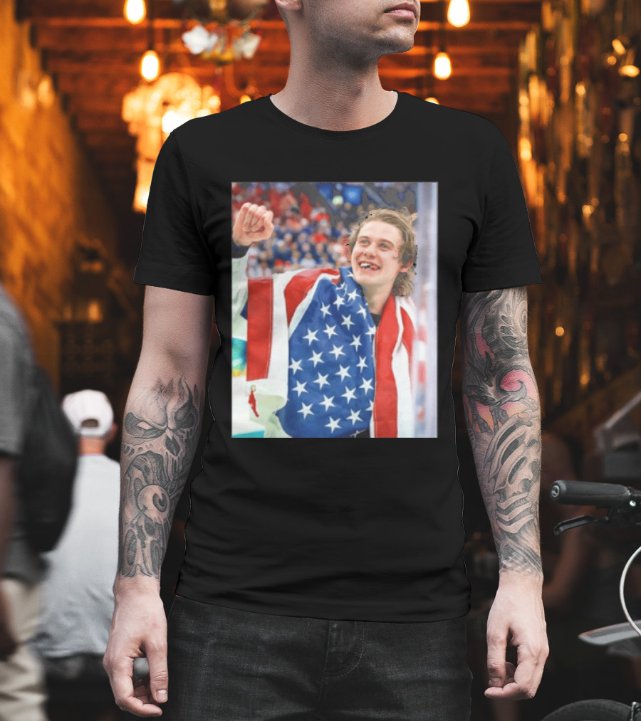 Jack Hughes USA Hockey World Champs 2026 Victory Celebration American Flag T-Shirt