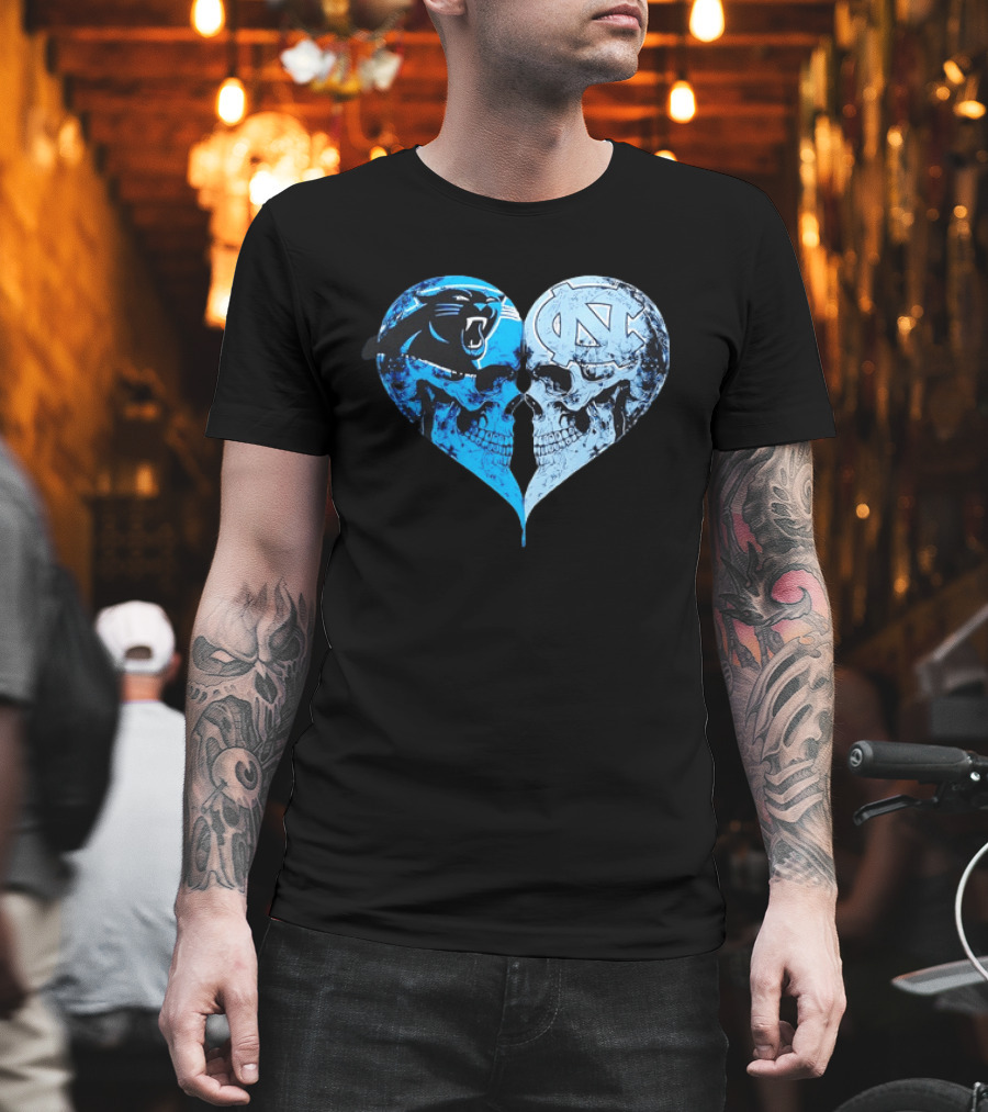 Carolina Panthers North Carolina Tar Heels Skulls Face To Face Heart Shape T-Shirt