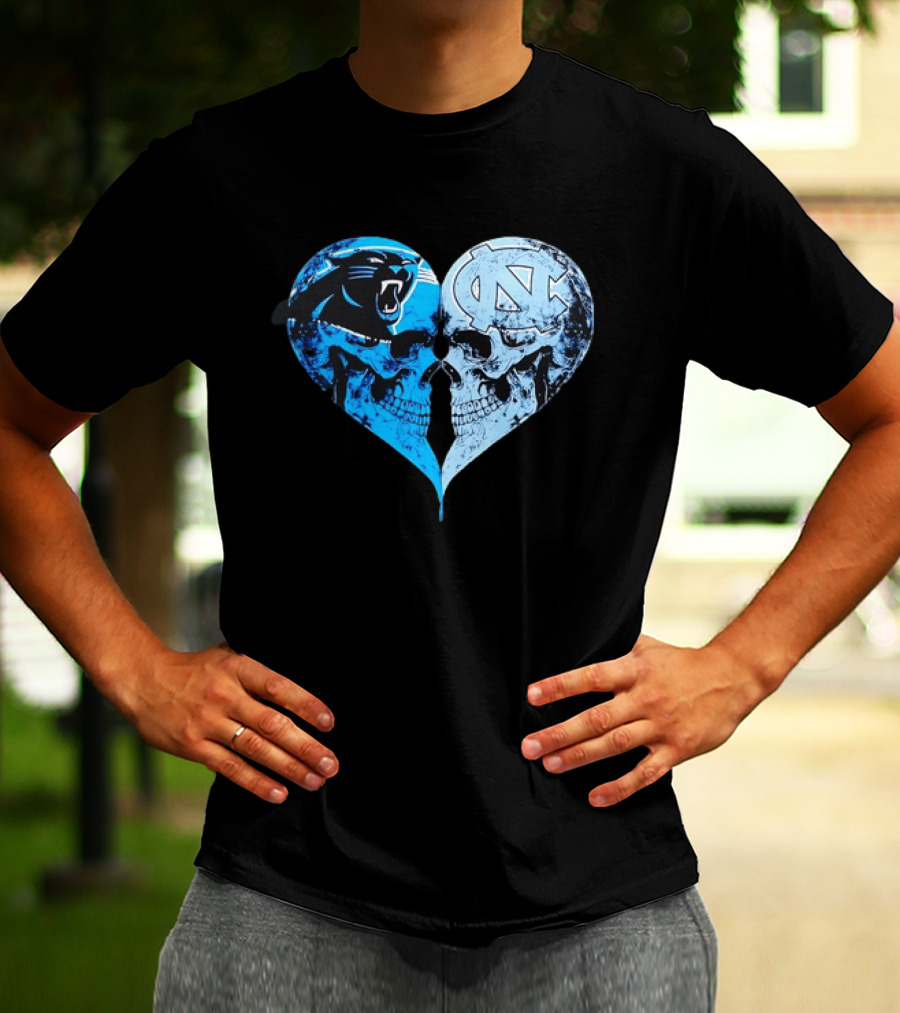 Carolina Panthers North Carolina Tar Heels Skulls Face To Face Heart Shape T-Shirt