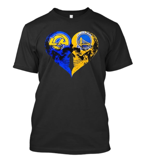 Los Angeles Rams Golden State Warriors Heart Shaped Skulls Distressed T-Shirt