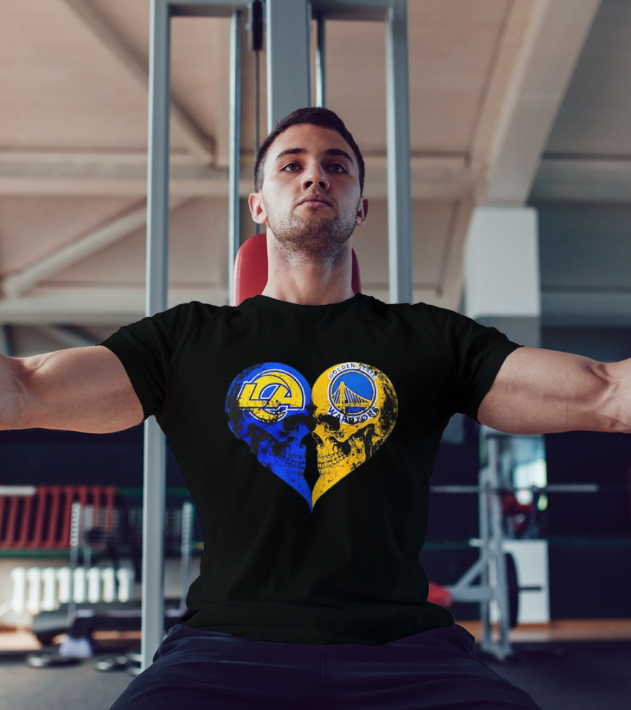 Los Angeles Rams Golden State Warriors Heart Shaped Skulls Distressed T-Shirt