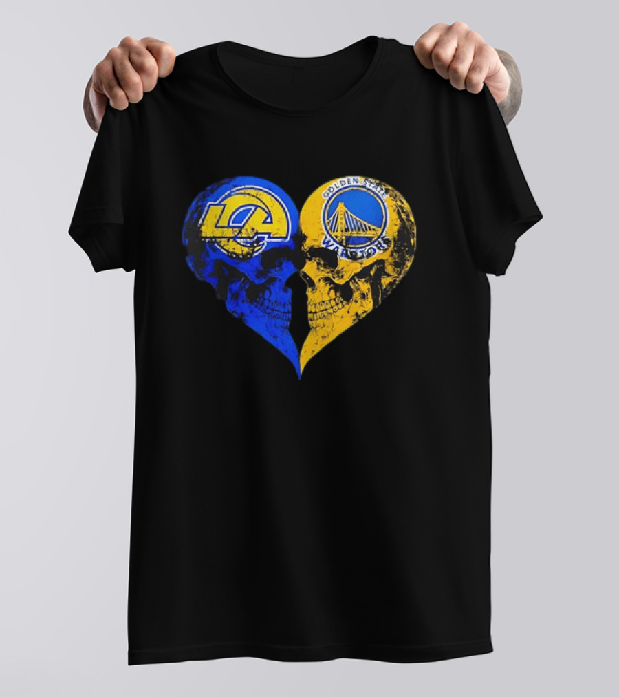Los Angeles Rams Golden State Warriors Heart Shaped Skulls Distressed T-Shirt