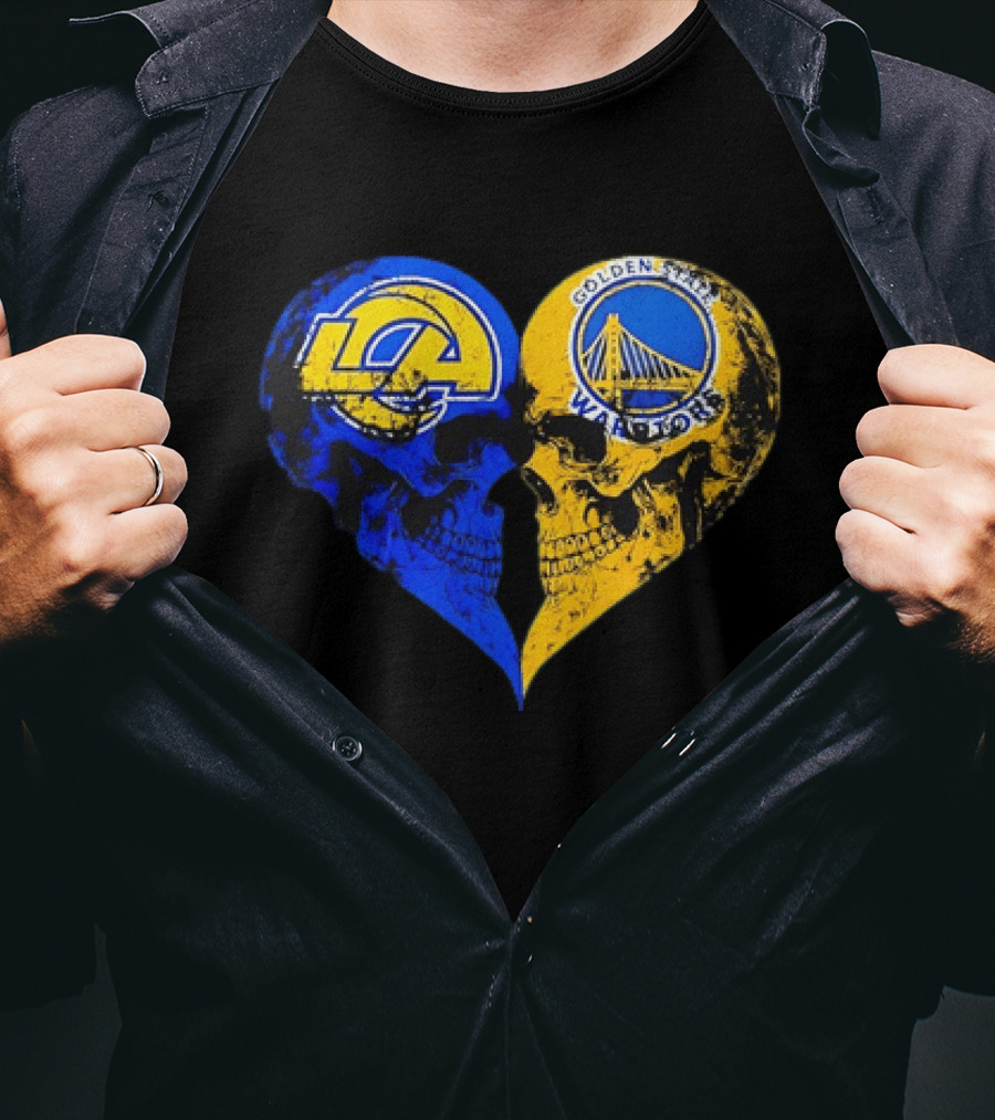 Los Angeles Rams Golden State Warriors Heart Shaped Skulls Distressed T-Shirt