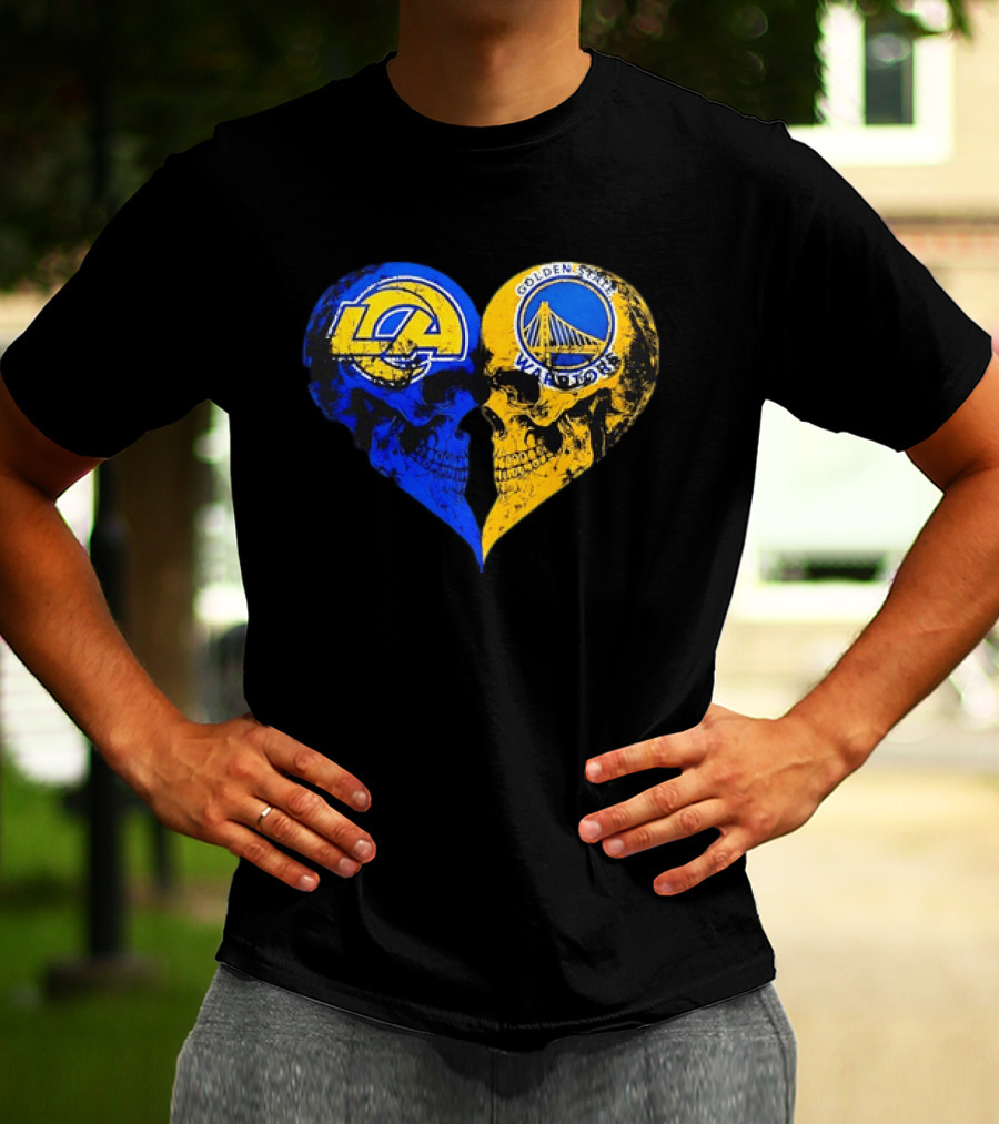 Los Angeles Rams Golden State Warriors Heart Shaped Skulls Distressed T-Shirt