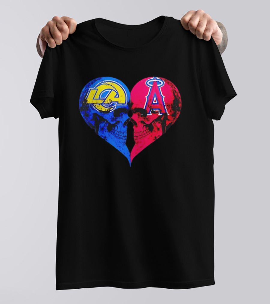 Los Angeles Rams Vs Los Angeles Angels Skulls Heart Face To Face Distressed T-Shirt