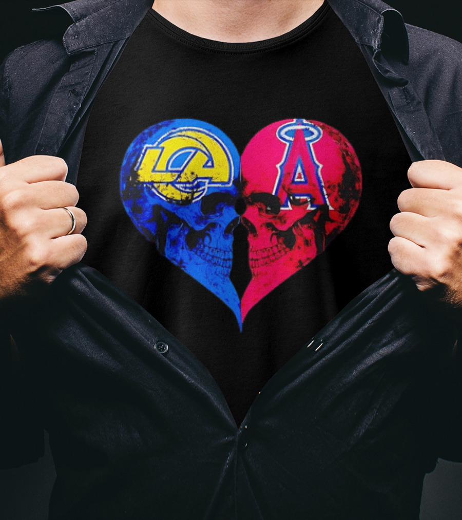 Los Angeles Rams Vs Los Angeles Angels Skulls Heart Face To Face Distressed T-Shirt