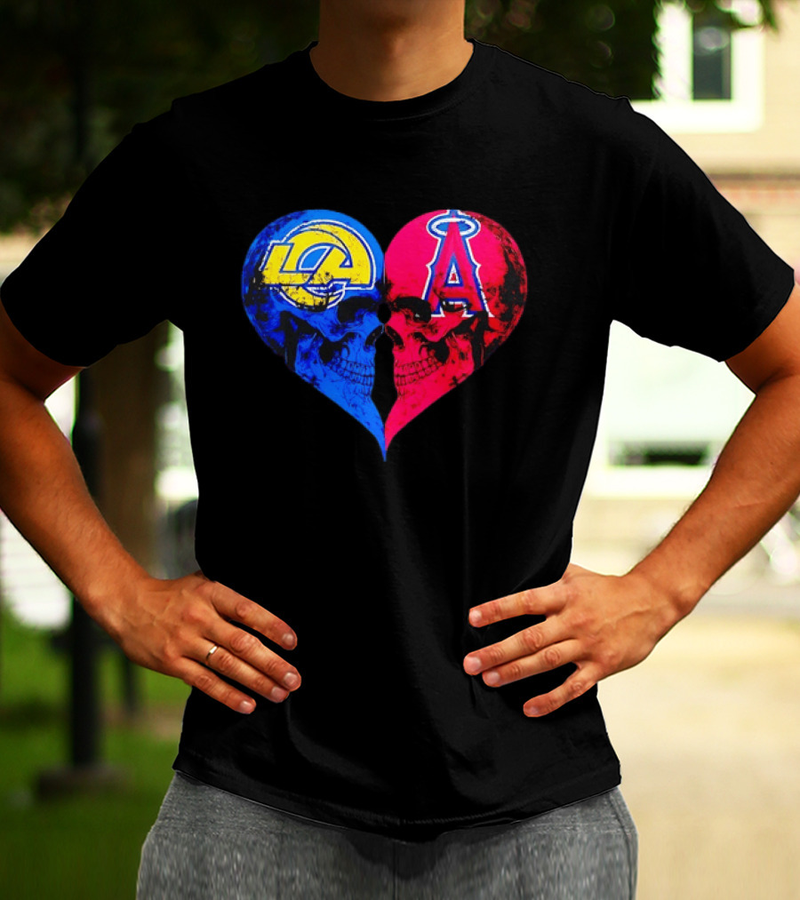 Los Angeles Rams Vs Los Angeles Angels Skulls Heart Face To Face Distressed T-Shirt