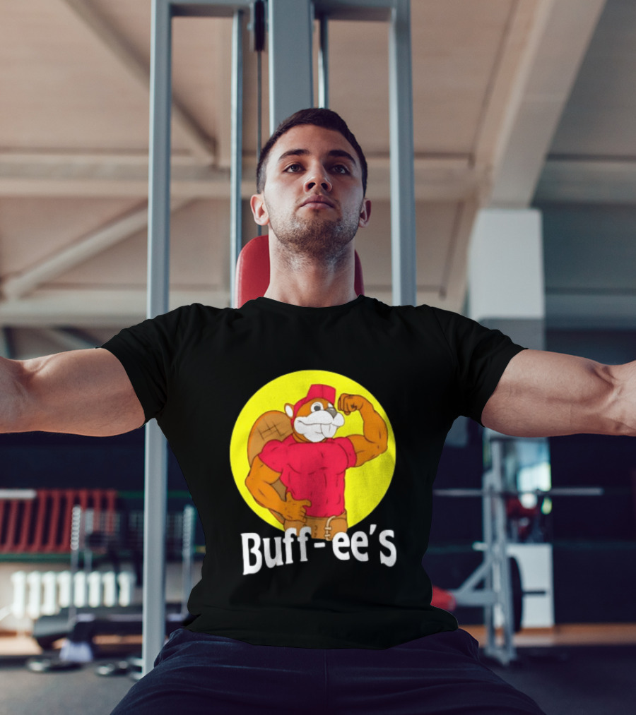 Buff Ee's Strong Muscular Beaver Character In Red Outfit T-Shirt
