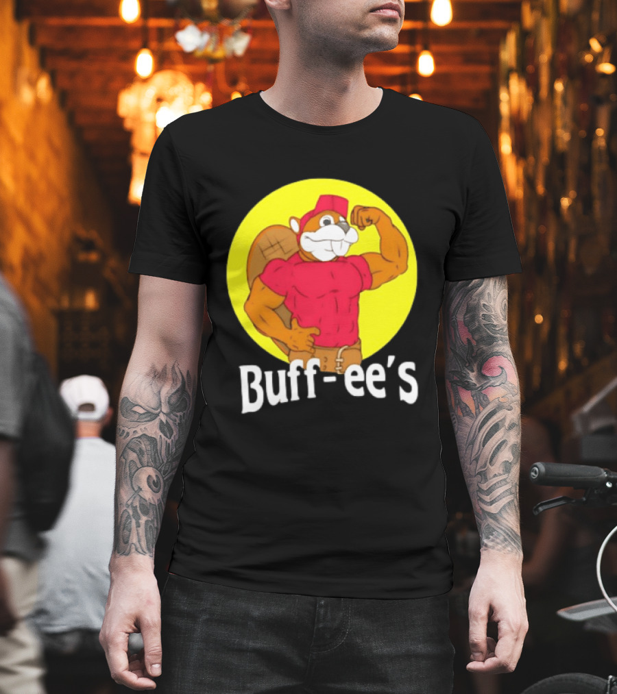 Buff Ee's Strong Muscular Beaver Character In Red Outfit T-Shirt
