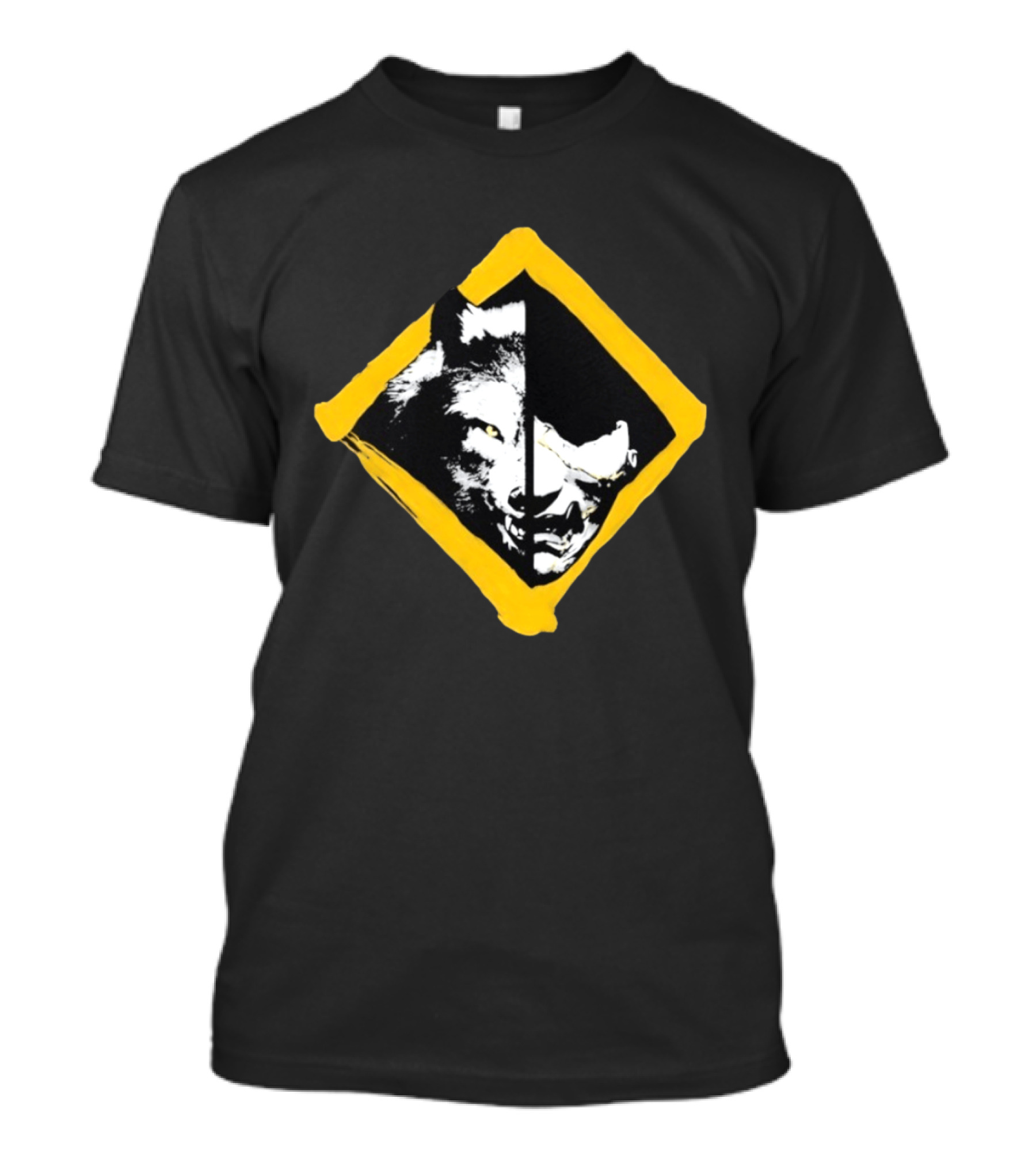 Wolf And Boar Split Face Diamond Yellow Border T-Shirt