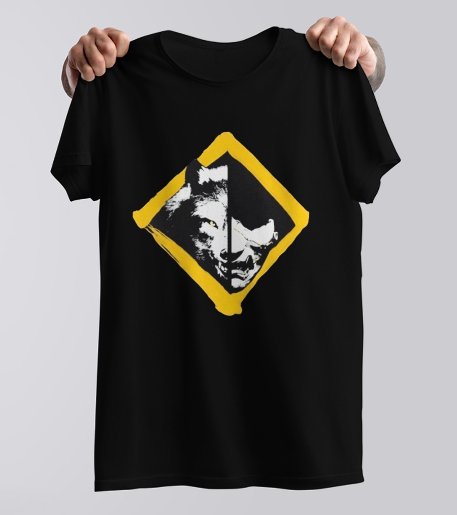 Wolf And Boar Split Face Diamond Yellow Border T-Shirt