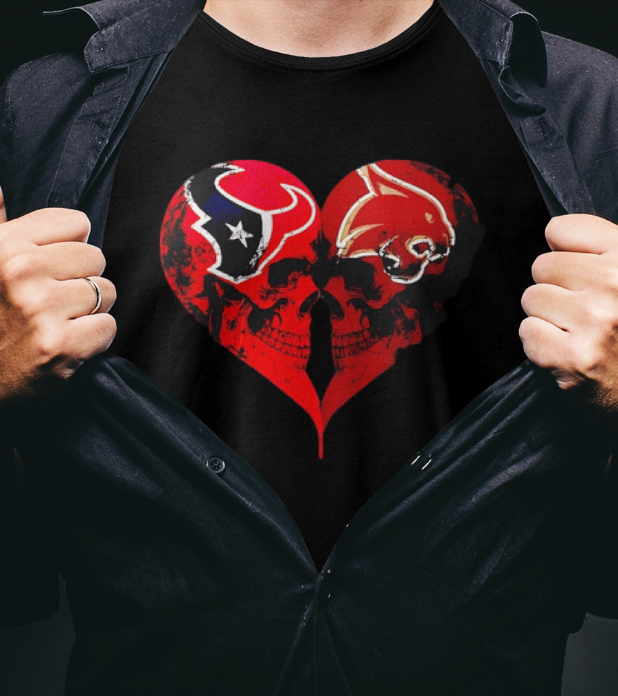 Houston Texans And Tampa Bay Buccaneers Skulls Heart Shape Distressed T-Shirt