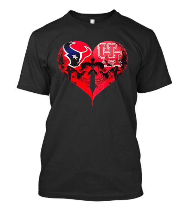 Houston Texans University Of Houston Cougars Heart Shaped Skulls Football Fans T-Shirt