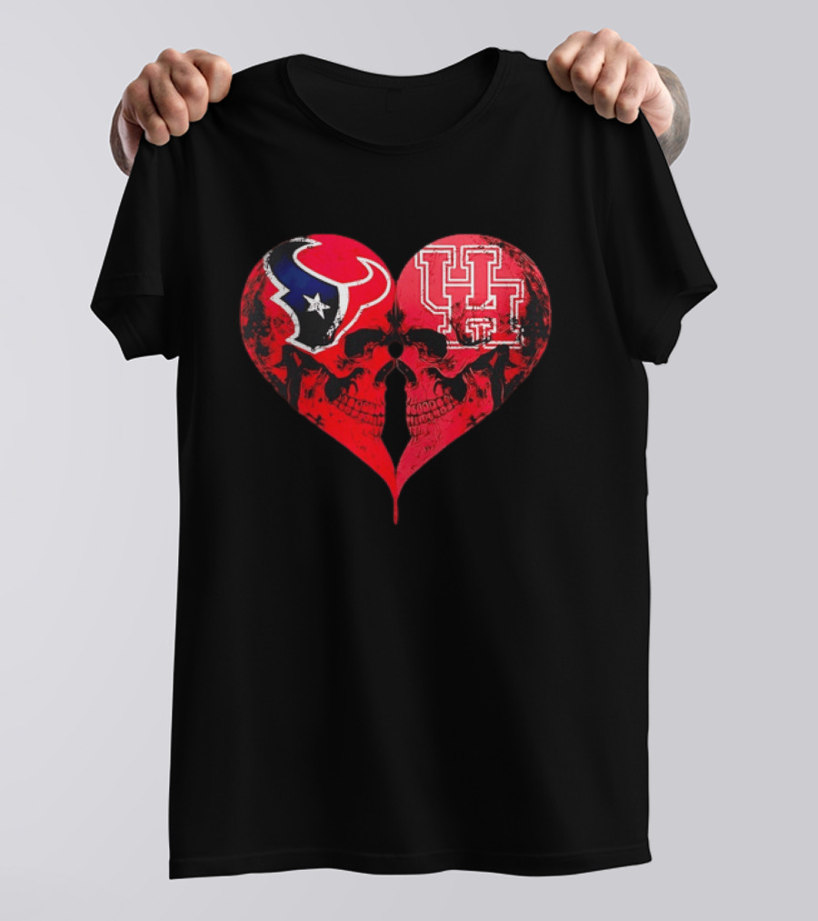 Houston Texans University Of Houston Cougars Heart Shaped Skulls Football Fans T-Shirt