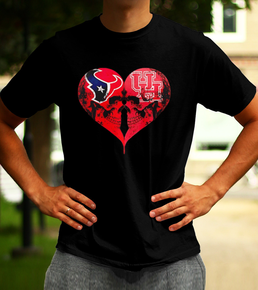 Houston Texans University Of Houston Cougars Heart Shaped Skulls Football Fans T-Shirt