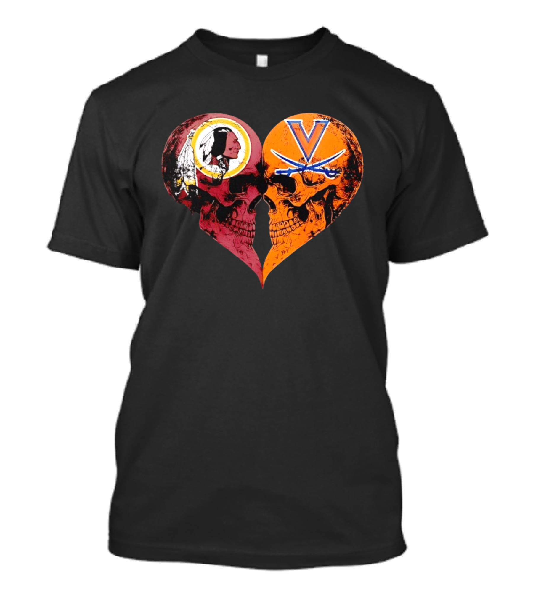 Washington Redskins Virginia Cavaliers Skulls Face To Face Heart Shape Distressed T-Shirt