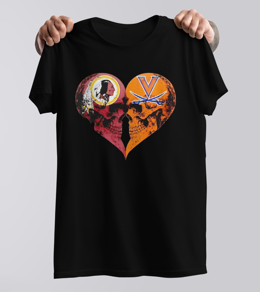 Washington Redskins Virginia Cavaliers Skulls Face To Face Heart Shape Distressed T-Shirt