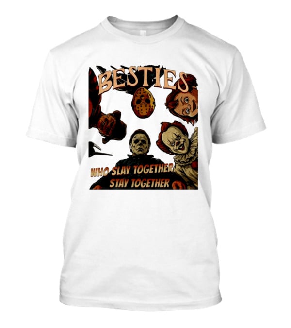 BESTIES Horror Movie Characters Mask Iconic Slayers Pennywise Knife Doll Together T-Shirt
