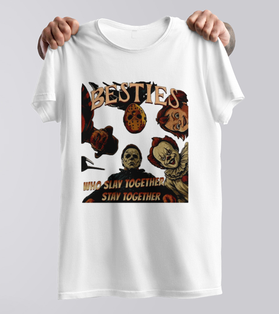 BESTIES Horror Movie Characters Mask Iconic Slayers Pennywise Knife Doll Together T-Shirt