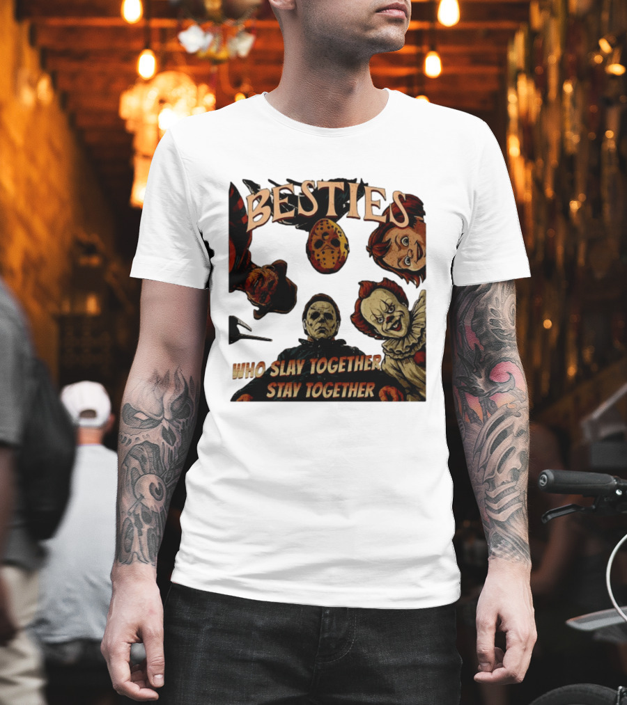 BESTIES Horror Movie Characters Mask Iconic Slayers Pennywise Knife Doll Together T-Shirt