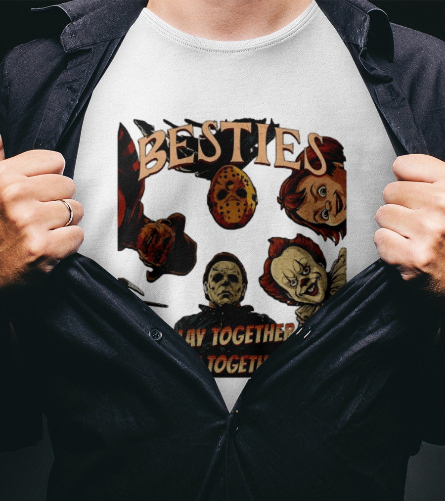 BESTIES Horror Movie Characters Mask Iconic Slayers Pennywise Knife Doll Together T-Shirt