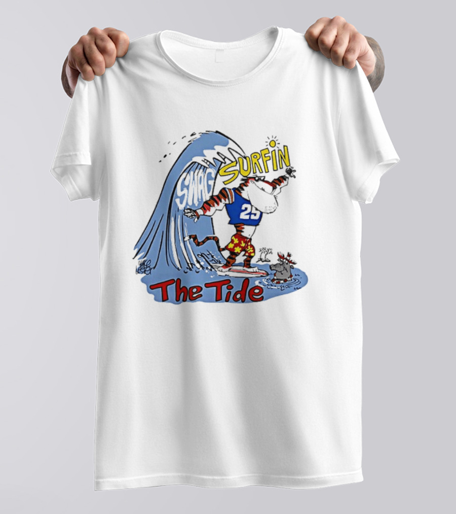 Classic Alabama Gameday Surfin The Tide Tiger In Red Flower Shorts Riding Wave T-Shirt