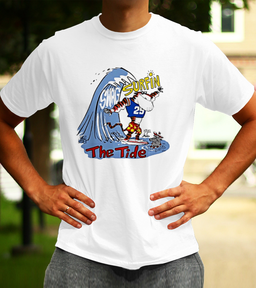 Classic Alabama Gameday Surfin The Tide Tiger In Red Flower Shorts Riding Wave T-Shirt