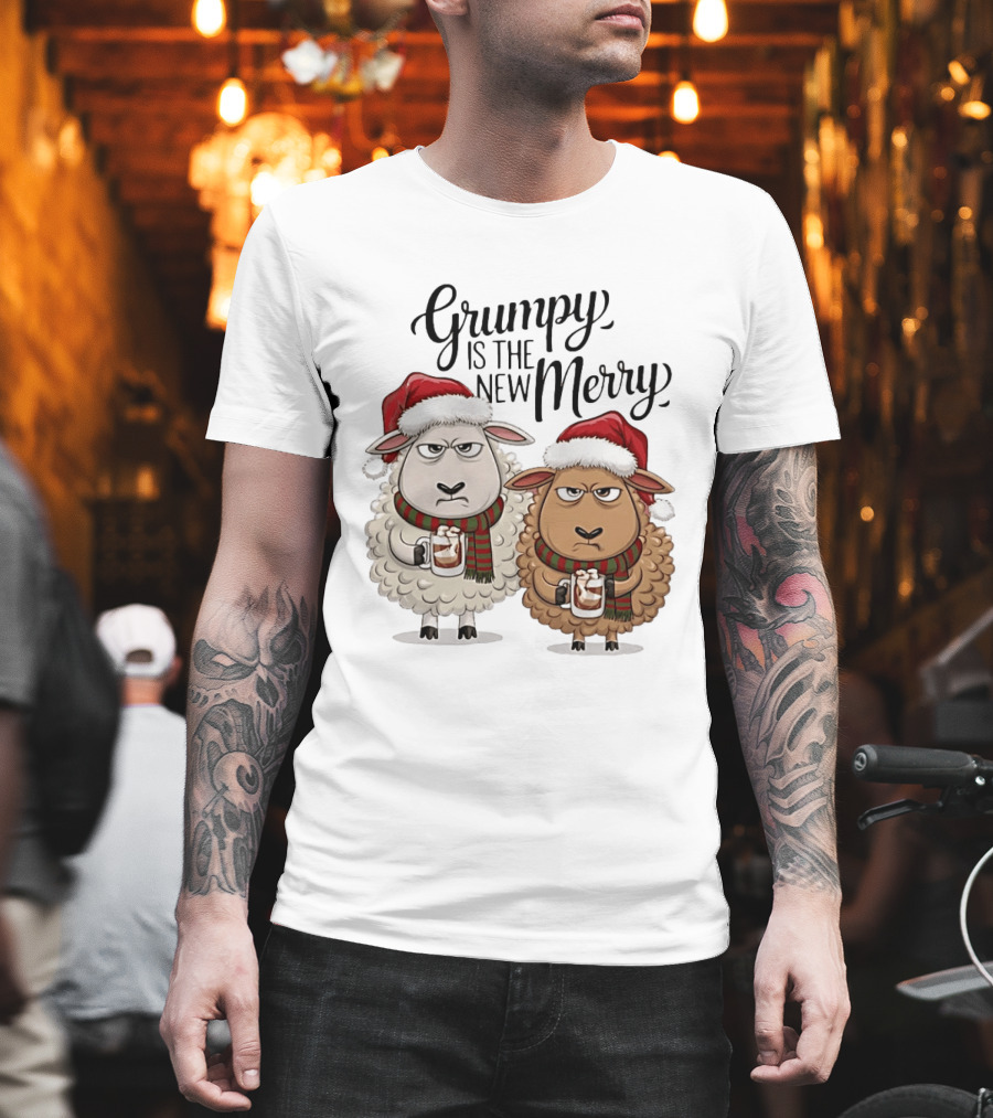 Grumpy Is The New Merry Christmas Sheep Santa Hat Holiday Humor T-Shirt