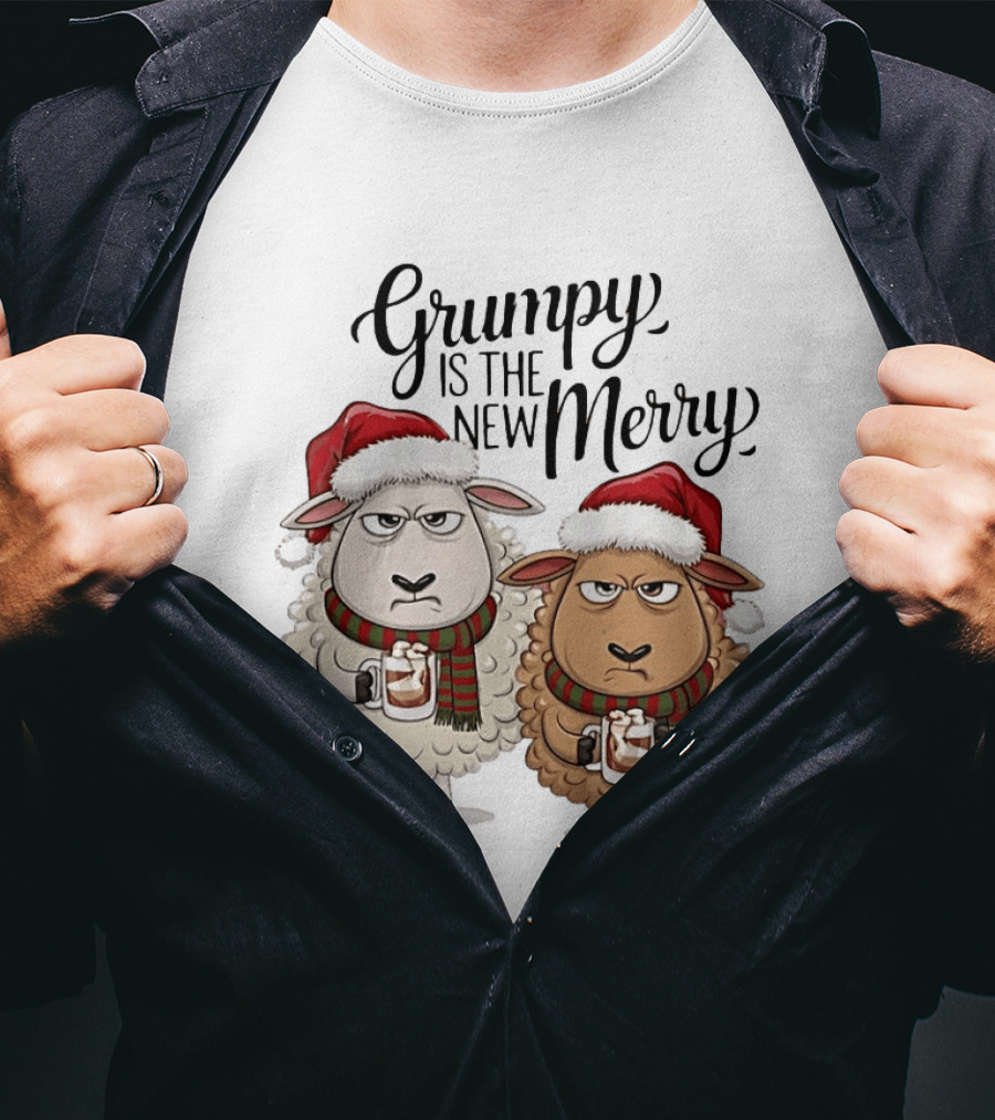 Grumpy Is The New Merry Christmas Sheep Santa Hat Holiday Humor T-Shirt