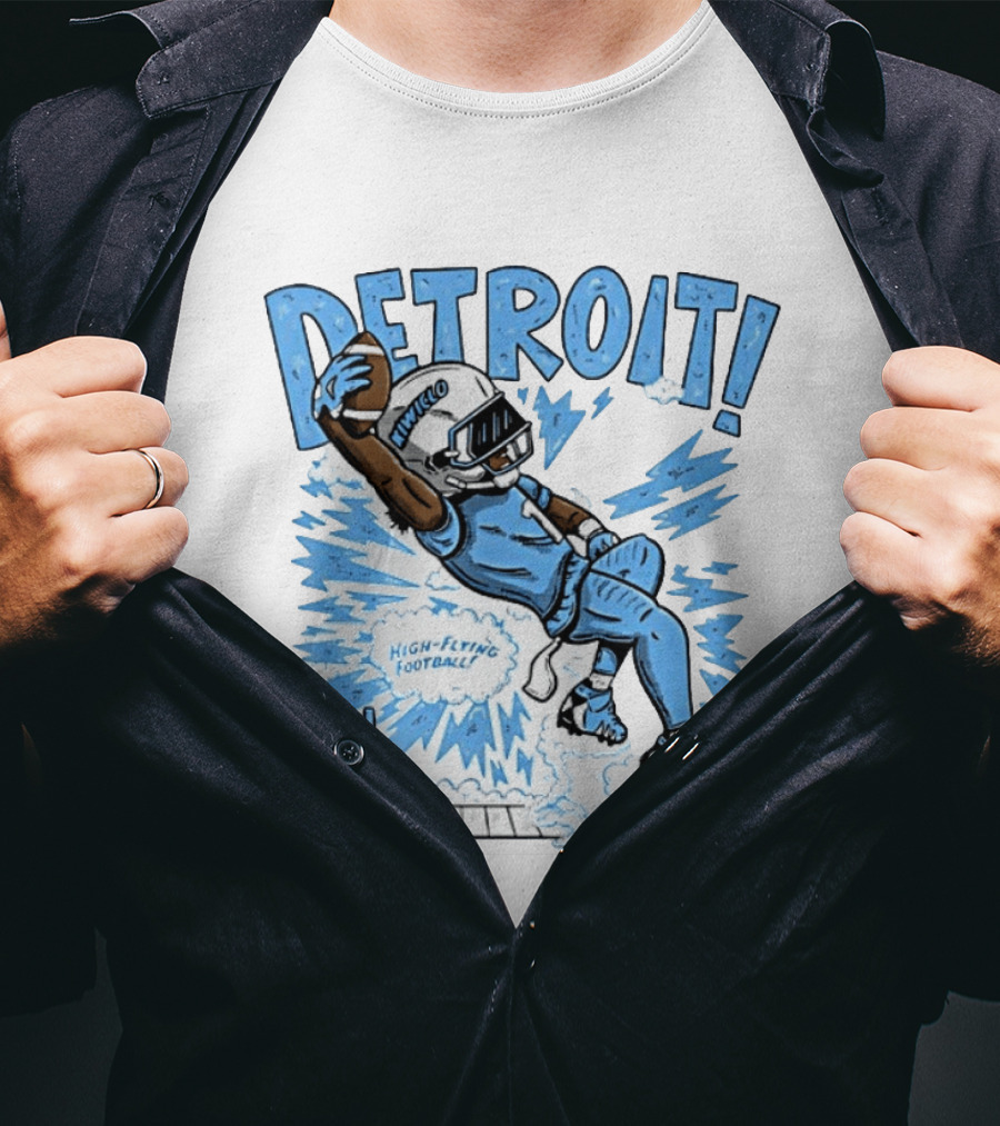 Detroit Lions High Flying Football Dynamic Catch Comic T-Shirt