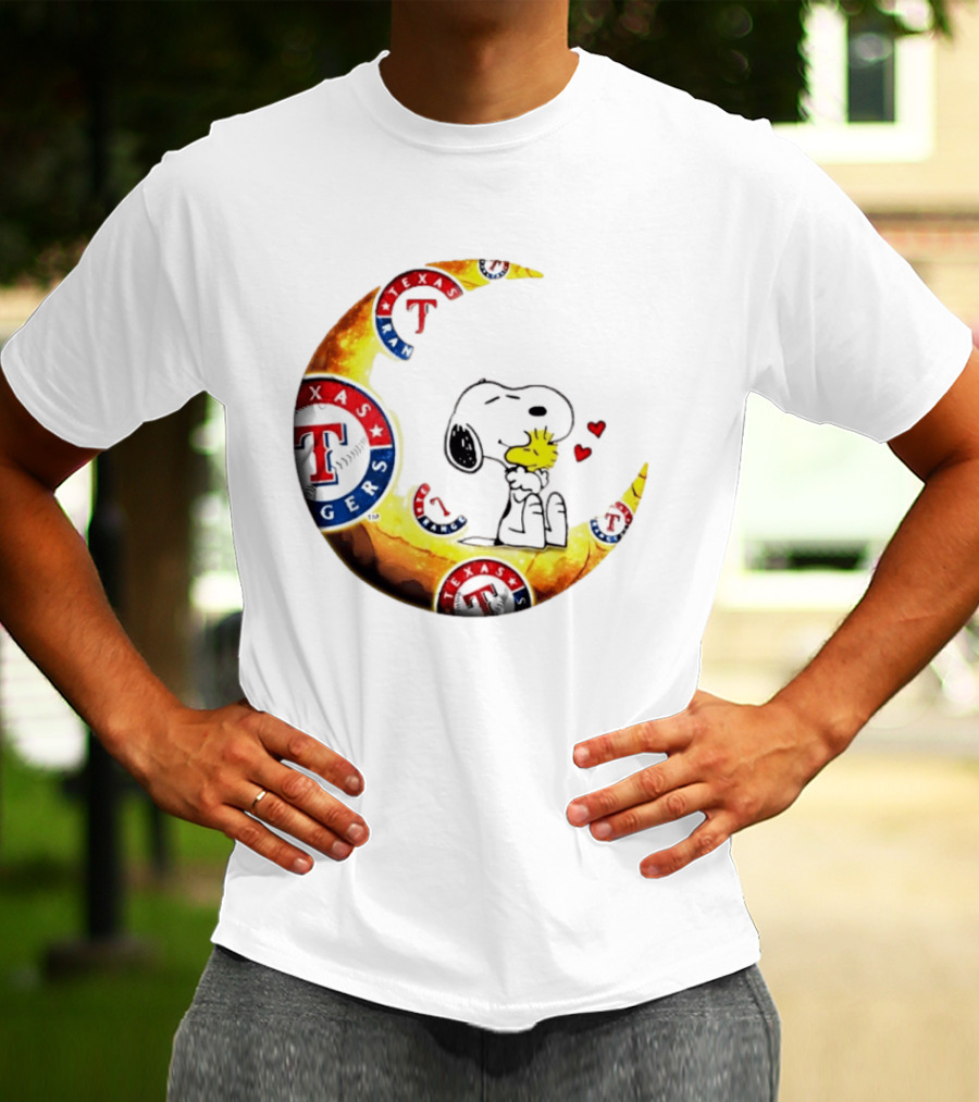 Snoopy Woodstock Texas Rangers Moon Baseball Fan Celebration T-Shirt