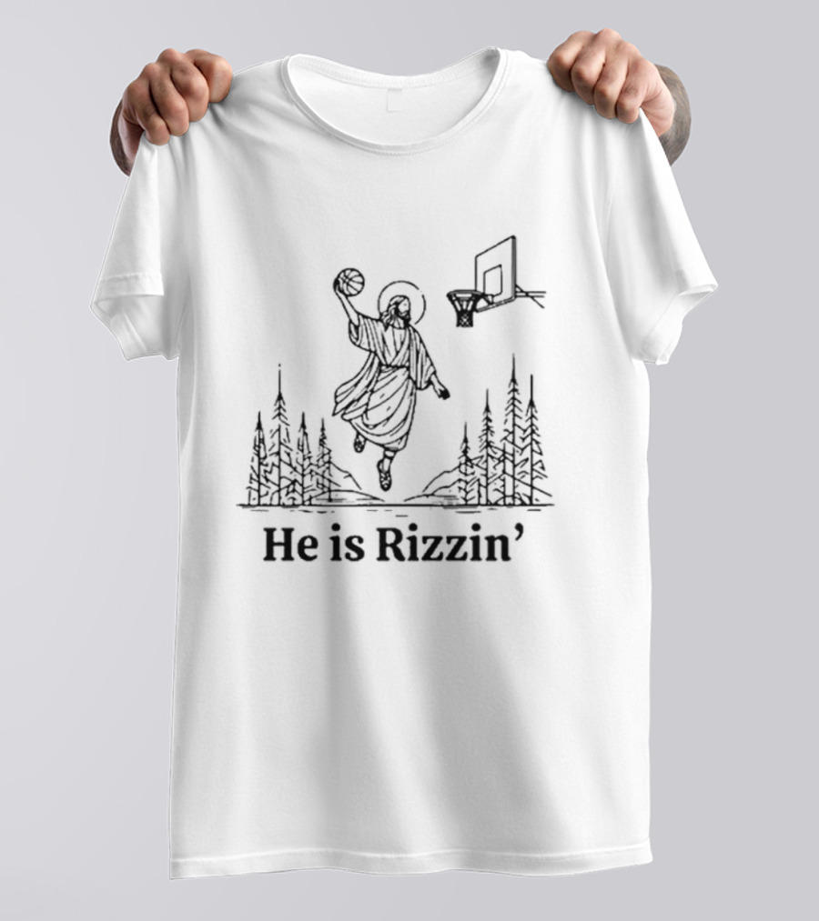He Is Rizzin Basketball Angel Easter Forest Scene T-Shirt