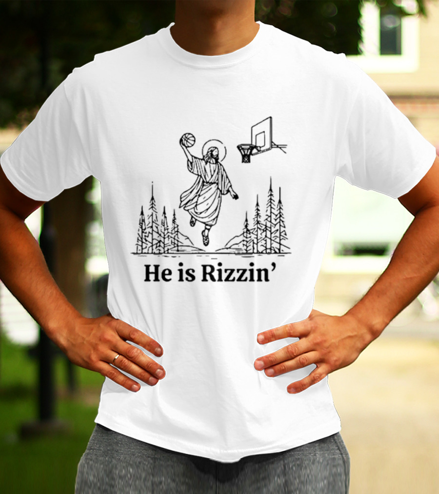 He Is Rizzin Basketball Angel Easter Forest Scene T-Shirt