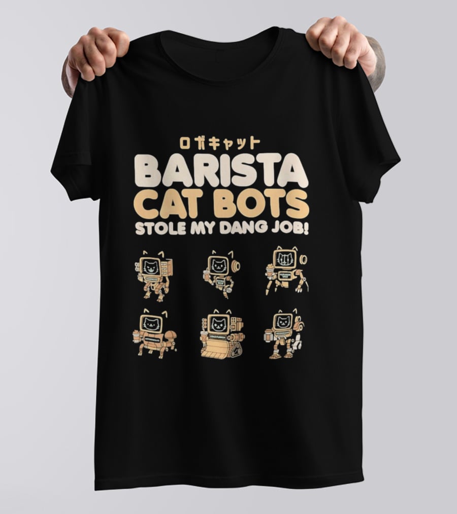 Barista Cat Bots Stole My Dang Job Retro Robot Cats Japanese T-Shirt