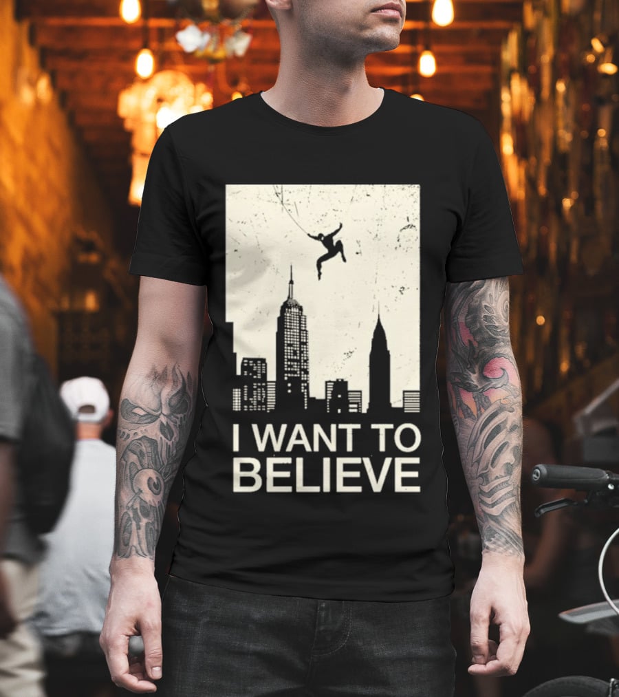 Friking I Want To Believe Swinging Hero Cityscape T-Shirt