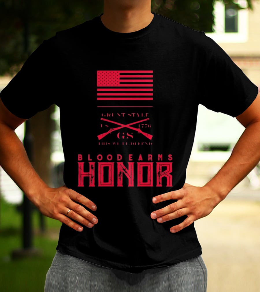 American Flag Blood Earns Honor Vintage Style 1776 Rifles T-Shirt