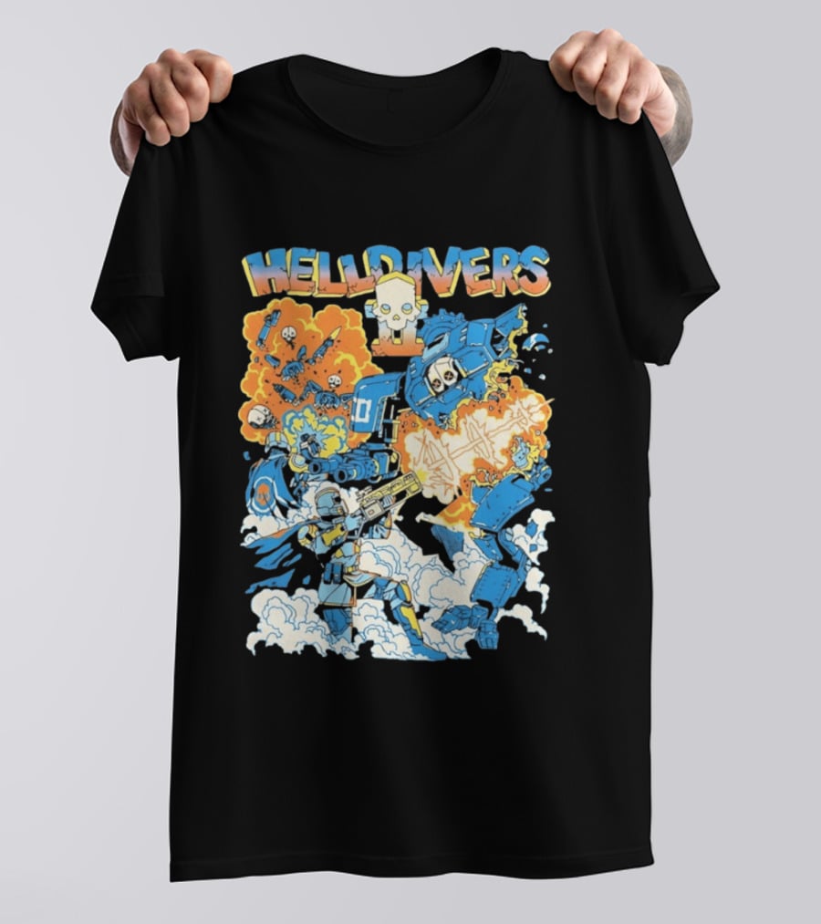Helldivers Comic Style Explosive Battle Scene Skulls Robots Flames T-Shirt