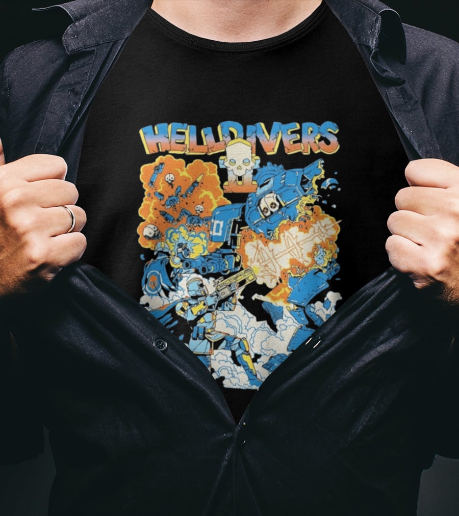 Helldivers Comic Style Explosive Battle Scene Skulls Robots Flames T-Shirt