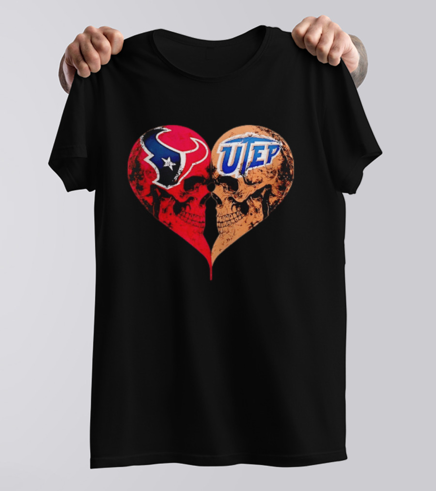 Houston Texans UTEP Miners Skulls Heart Shape Face To Face T-Shirt