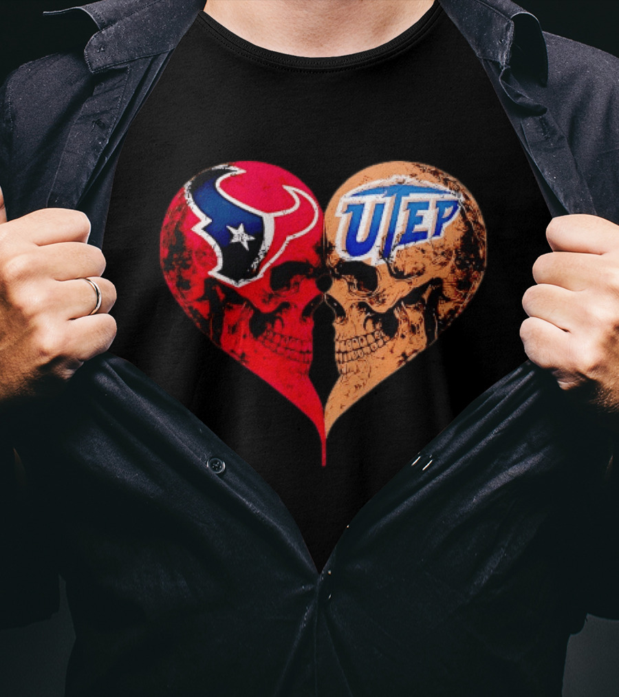Houston Texans UTEP Miners Skulls Heart Shape Face To Face T-Shirt