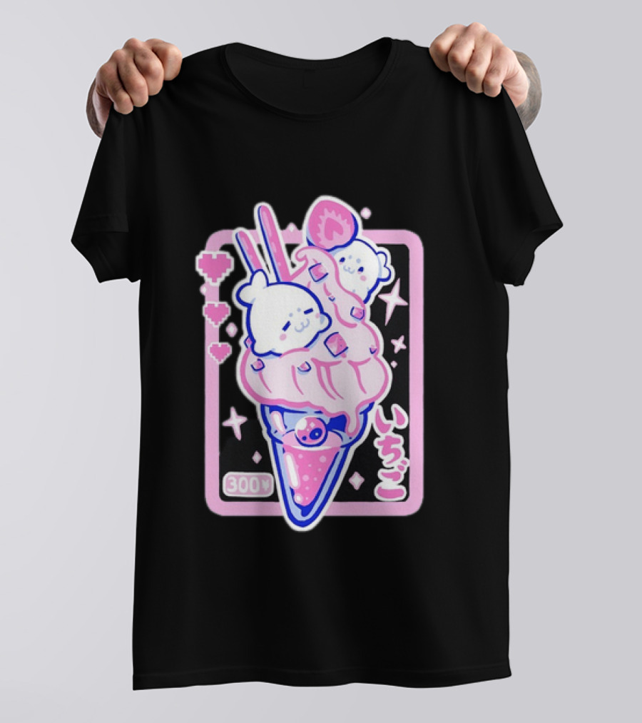 Kawaii Strawberry Ice Cream With Seals And 300 Yen Cute Hearts T-Shirt