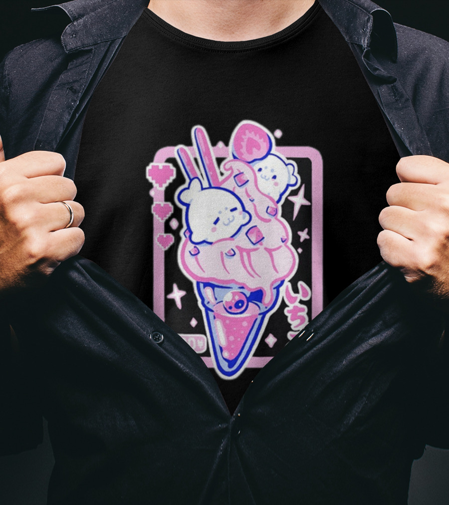Kawaii Strawberry Ice Cream With Seals And 300 Yen Cute Hearts T-Shirt