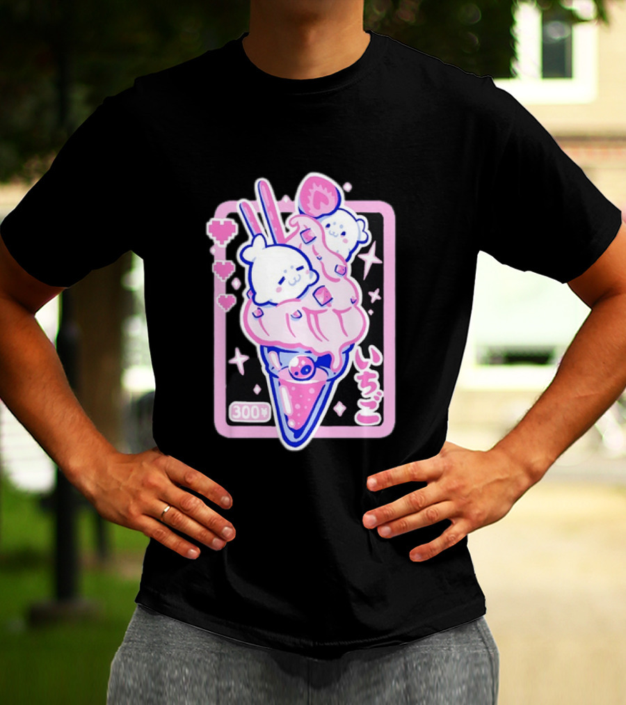 Kawaii Strawberry Ice Cream With Seals And 300 Yen Cute Hearts T-Shirt