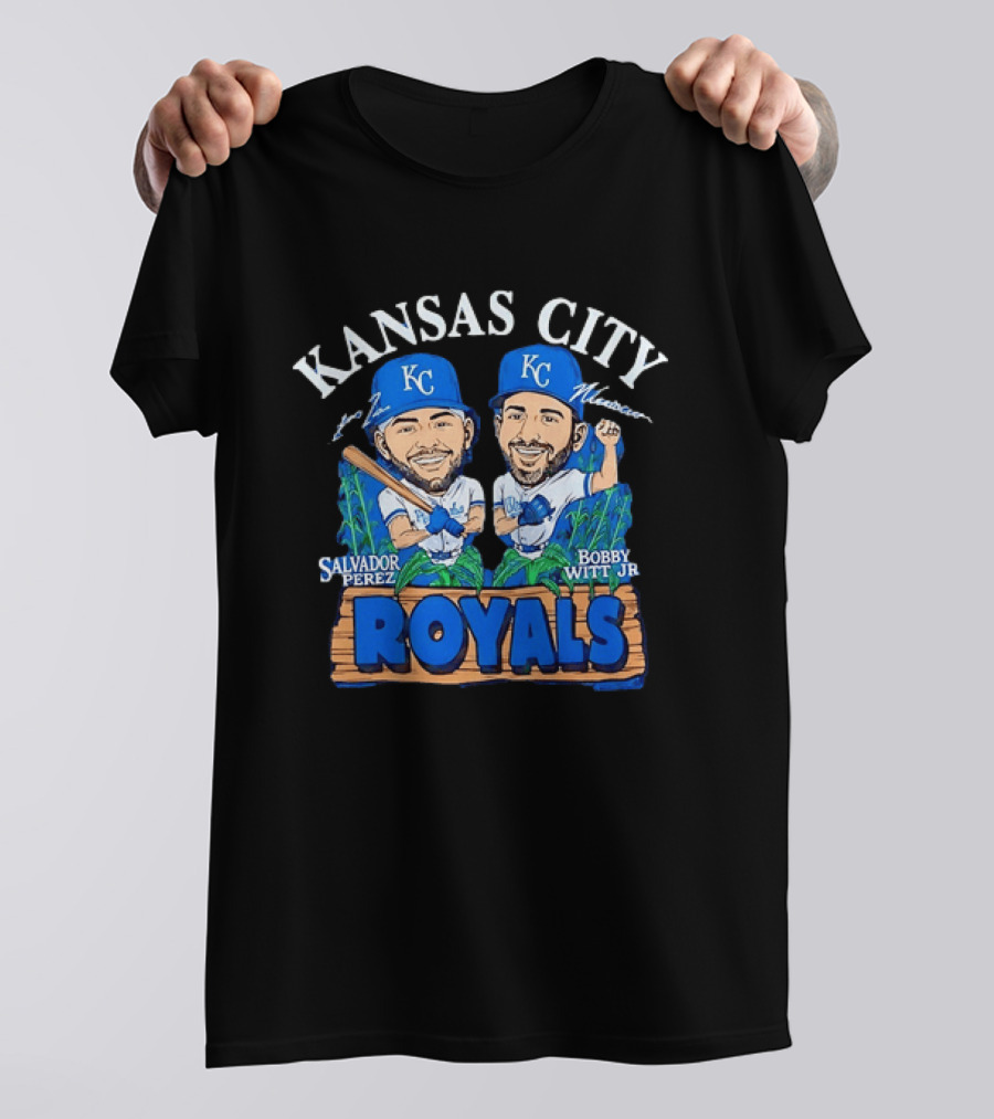 Kansas City Royals Salvador Perez Bobby Witt Jr Cartoon Baseball T-Shirt