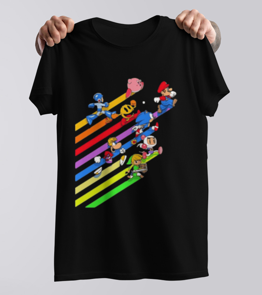 Legends Gaming Mario Pac Man Mega Man Sonic Link Kirby Bomberman Rayman Characters T-Shirt