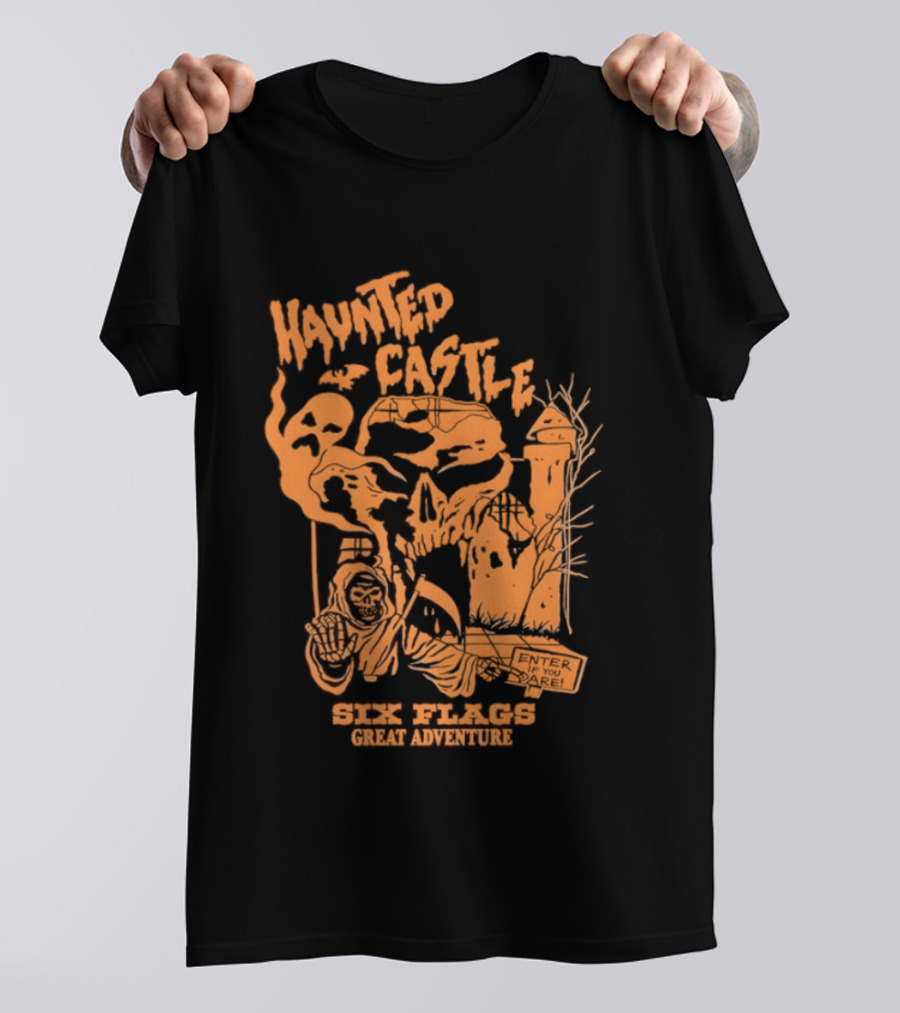 Six Flags Great Adventure Haunted Castle Enter If You Dare Spooky Skeleton And Ghosts T-Shirt