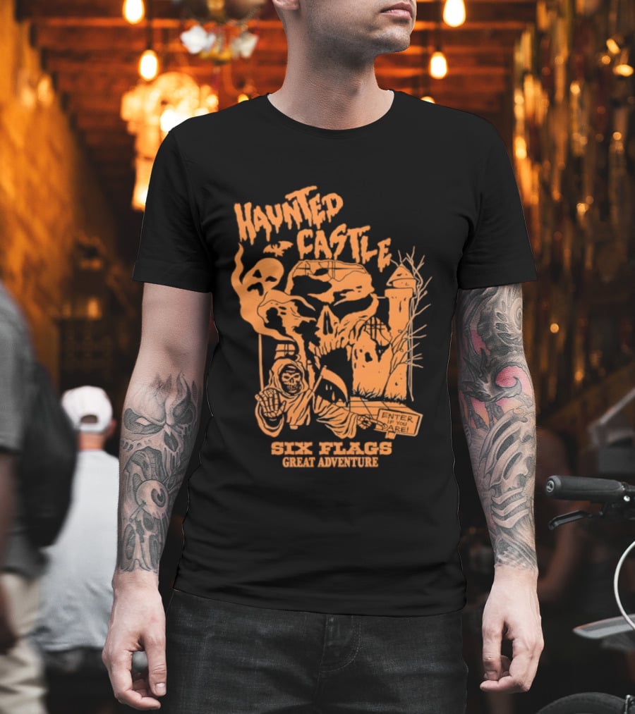 Six Flags Great Adventure Haunted Castle Enter If You Dare Spooky Skeleton And Ghosts T-Shirt