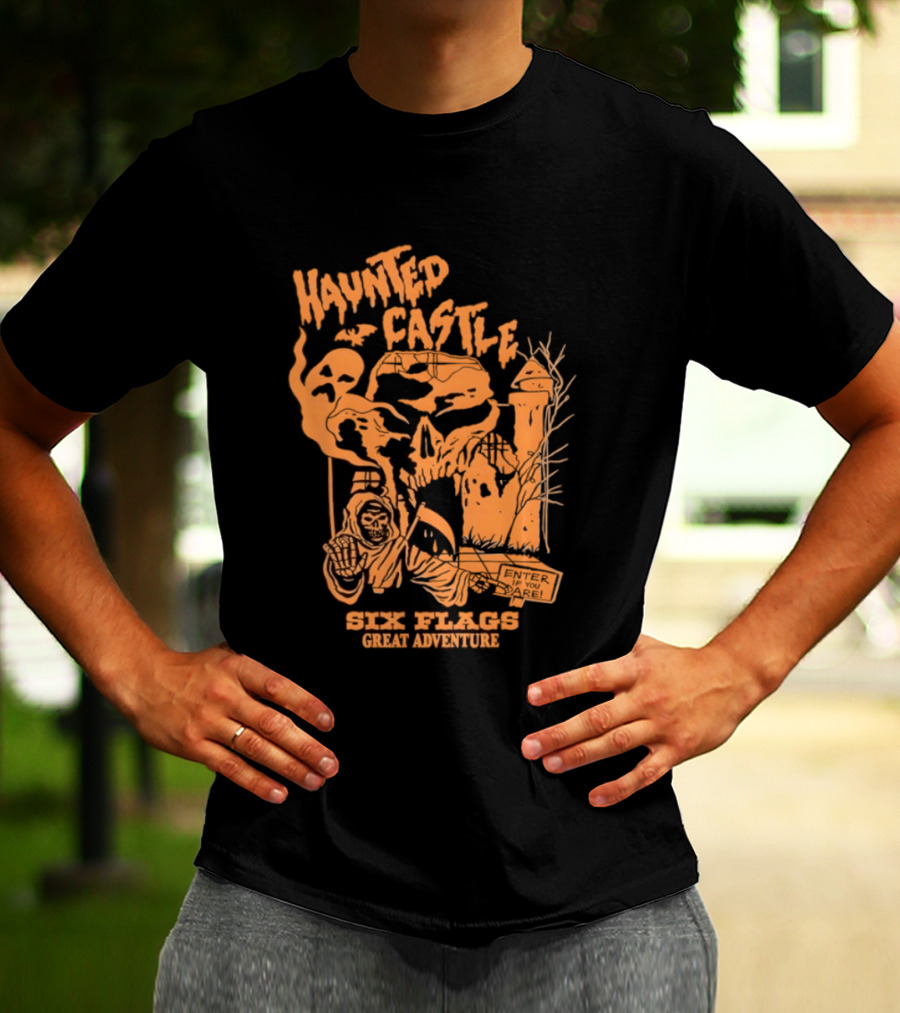 Six Flags Great Adventure Haunted Castle Enter If You Dare Spooky Skeleton And Ghosts T-Shirt